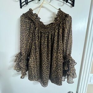 CeCe Brown Leopard Print Ruffle Blouse